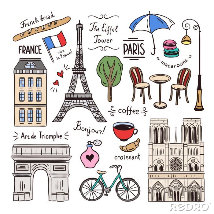 Poster  Paris illustration tirée à la main. France icônes et objets. Doodles de voyage pour Paris