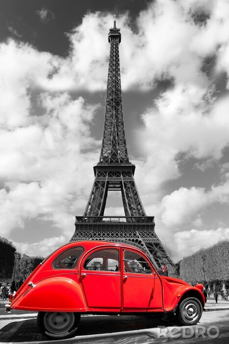 Poster  Paris la Tour Eiffel en noir et blanc et voiture coccinelle