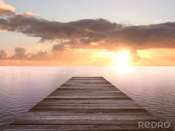 Poster  Passerelle en bois 3d bord du lac