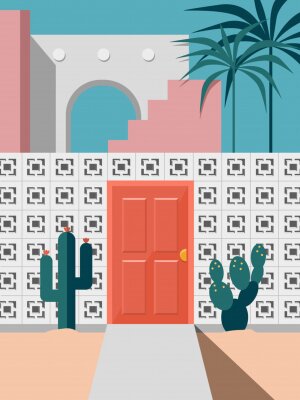Poster  Pastel modern mid century building faced with red door and cactus coconut trees