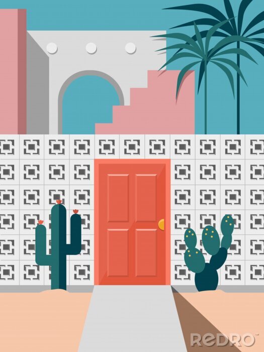 Poster  Pastel modern mid century building faced with red door and cactus coconut trees