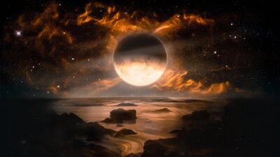 Paysage abstrait d'une lune en flammes dans le ciel