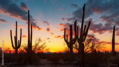 Paysage avec des cactus sur fond de coucher de soleil en Arizona