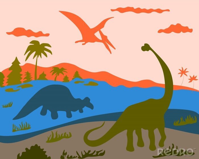 Poster  Paysage avec dinosaures et ptérodactyle
