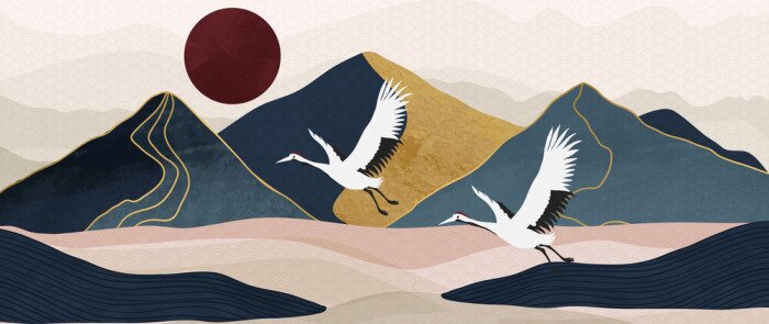 Poster  Paysage avec montagnes dans un style oriental