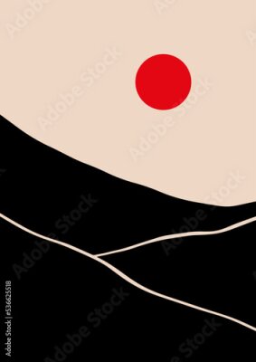 Poster  Paysage avec un soleil rouge
