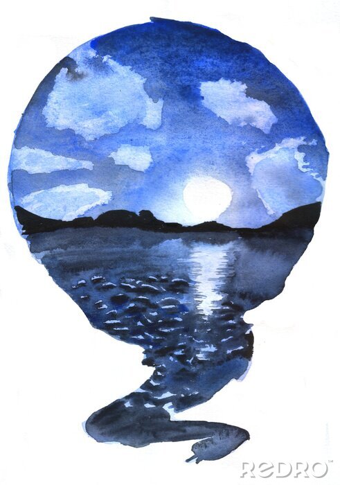 Poster  Paysage bord de mer aquarelle lueur de la lune