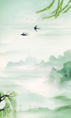 Poster  Paysage chinois vert aquarelle
