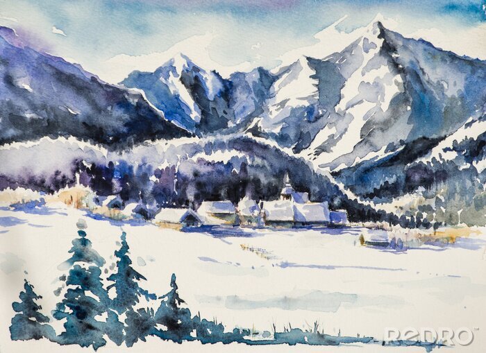 Poster  Paysage d'hiver - village recouvert de snow.Watercolors.