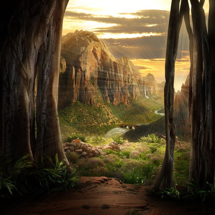 Poster  Paysage fantastique avec des rayons de soleil