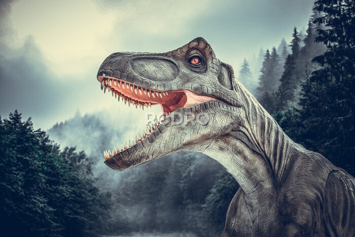 Poster  Paysage forestier avec de la brume et un dinosaure