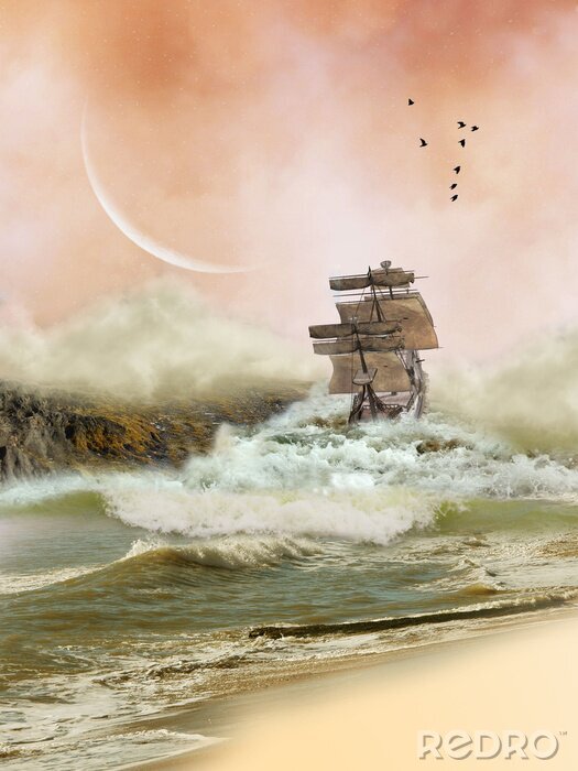 Poster  Paysage marin avec un bateau sur l'eau