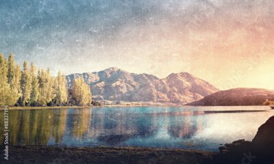 Poster  Paysage rétro avec un lac au milieu des montagnes
