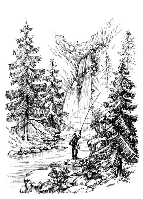 Poster  Pêcheur, pêche, montagne, rivière