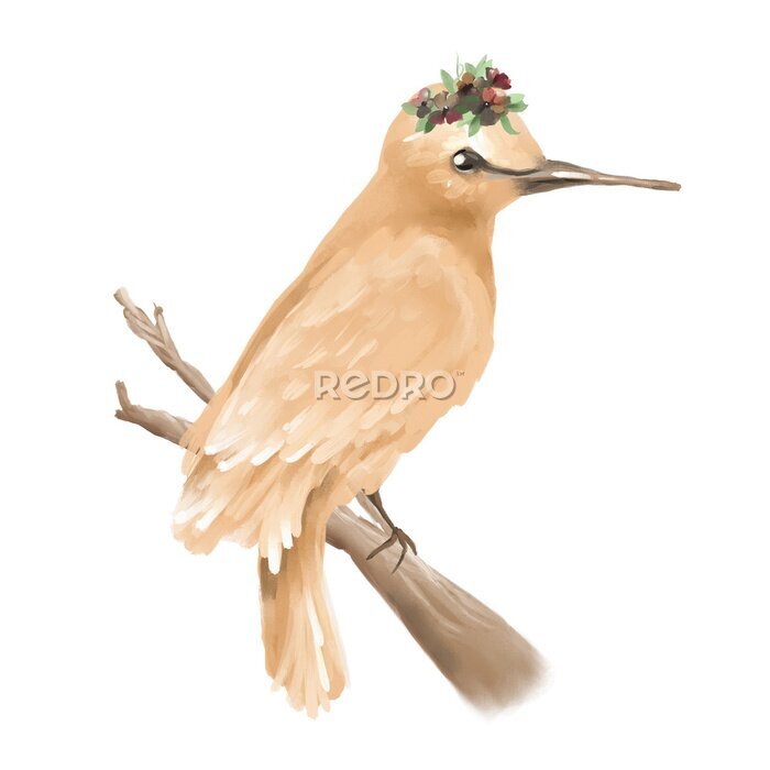 Poster  Peint à la main, huile texturé bel oiseau sur une branche avec une couronne florale, isolé sur blanc