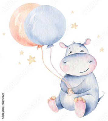 Poster  Peinture à l'aquarelle d'un hippopotame tenant des ballons