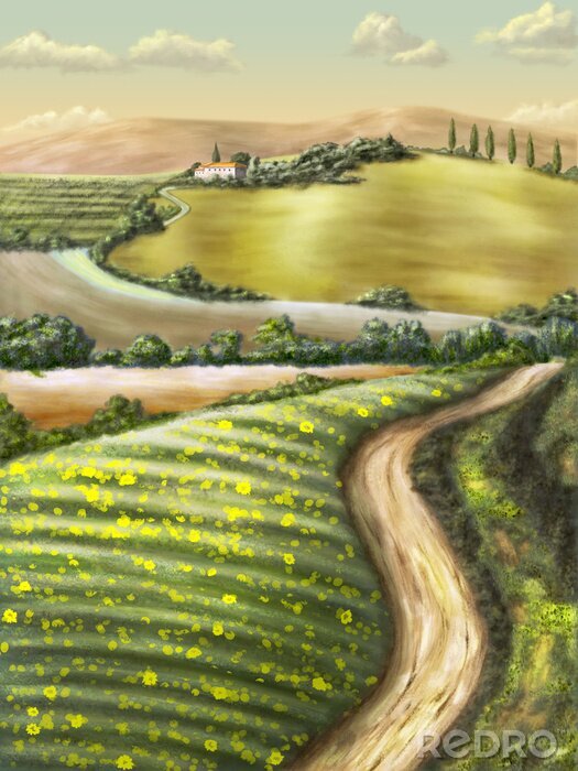 Poster  Peinture avec paysage de Toscane
