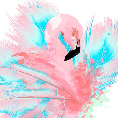 Poster  Peinture d'un flamant rose et de plumes