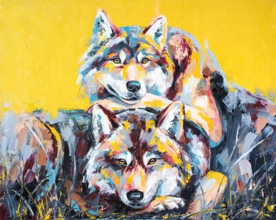 Poster  Peinture de loups sur fond jaune