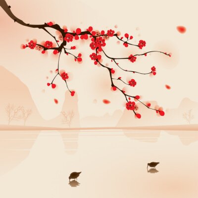 peinture de style oriental, fleur de prunier au printemps