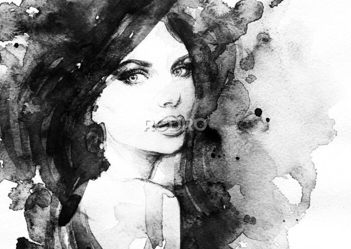 Poster  Peinture noire avec un portrait Une femme