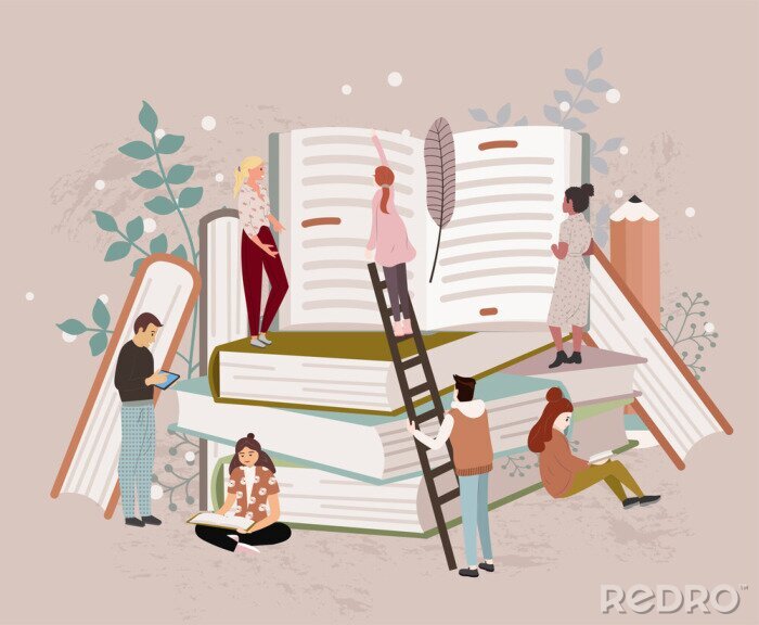 Poster  People or students reading studying and preparing for examination sitting on stack of giant books or beside it. Set of book lovers, readers, modern literature fans. Flat cartoon vector illustration