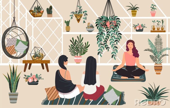 Poster  People relax yoga and meditation in greenhouse hygge home, women siiting in scandinavian style room with green plants relaxing flat vector illustration. Relaxation in greenery home garden.