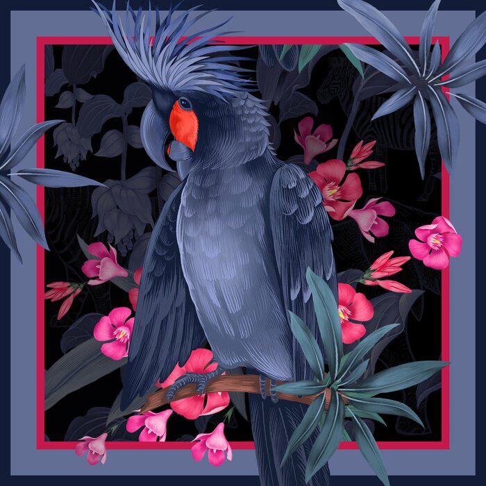 Poster  Perroquet bleu marine et fleurs roses