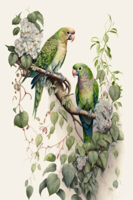 Poster  Perroquets dans les fourrés verts