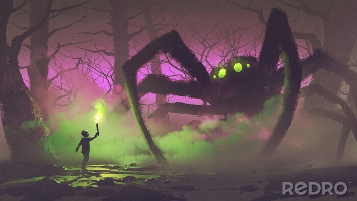 Poster  Personnage et araignée géante de fantaisie