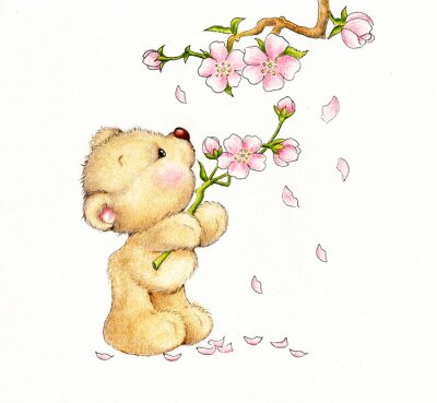 Petit ours cueillant des brindilles fleuries