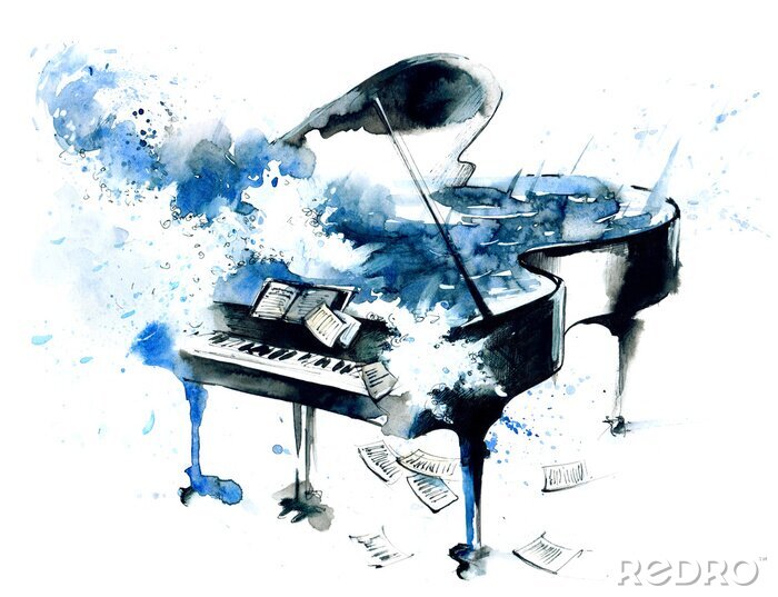 Poster  Piano bleu peint à l'aquarelle