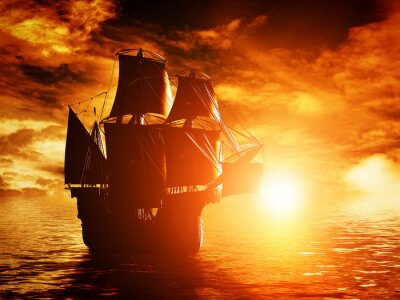 Pirate antique navire naviguant sur l'océan au coucher du soleil