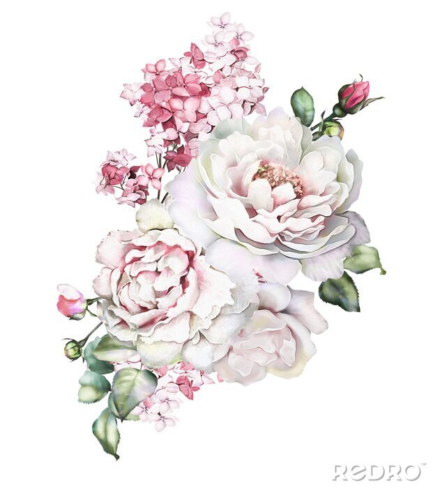 Poster  Pivoines blanches et hortensia rose dans un bouquet