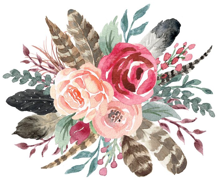 Poster  Pivoines de conte de fées entourées de feuilles et de plumes