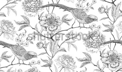 Poster  Pivoines et faisans. Modèle sans couture vintage floral exotique avec des fleurs et des oiseaux. Blanc et noir. Style oriental. Illustration vectorielle Pour textiles design, papier d'emballage, p