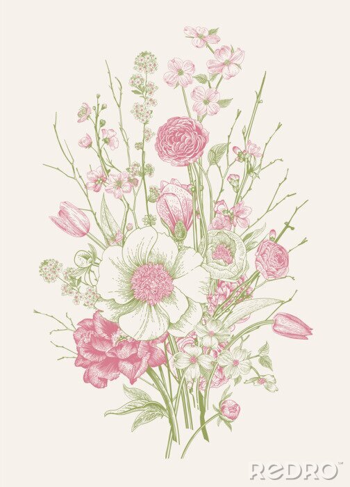 Poster  Pivoines et fleurs dans un bouquet de printemps