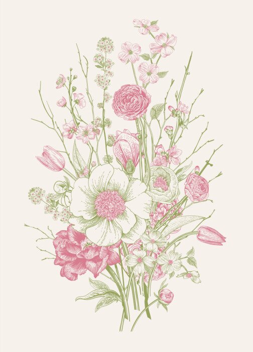 Poster  Pivoines et fleurs dans un bouquet de printemps