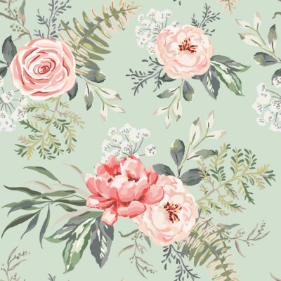 Pivoines roses et foug?res aquarelle