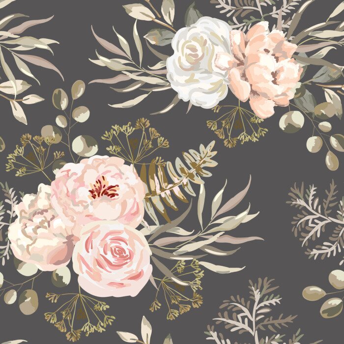 Poster  Pivoines roses et herbes fond gris