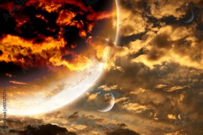 Poster  Planètes abstraites sur fond de nuages