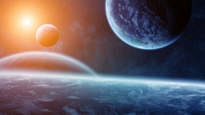 Planètes en 3D sur fond de lever de soleil