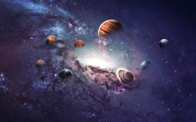 Planètes et galaxie sur fond d'étoiles et ciel violet
