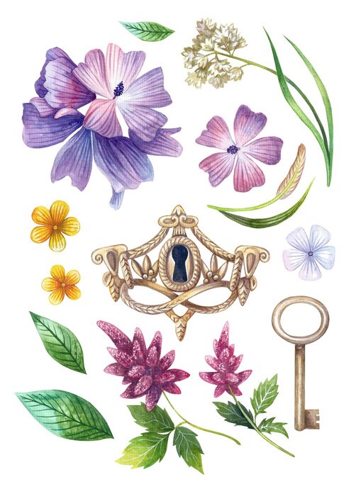 Poster  Plantes de jardin mystérieux avec une clé et un cadenas