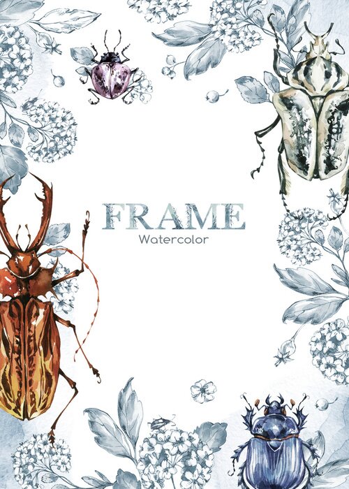 Poster  Plantes grises et coléoptères colorés formant un cadre
