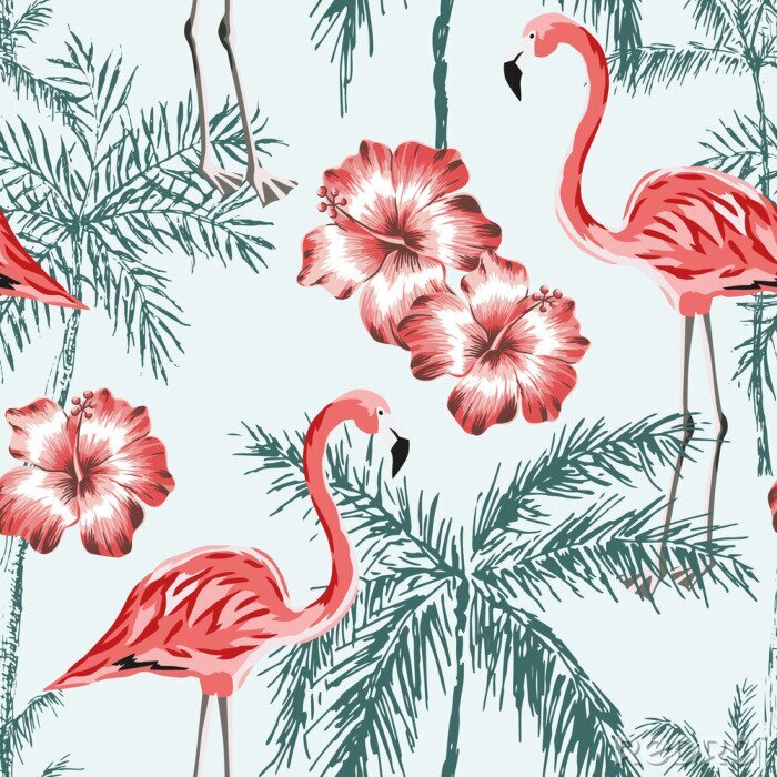 Poster  Plantes tropicales et flamants