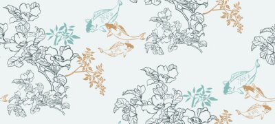 Papier peint à motif  Poissons et fleurs orientaux japonais
