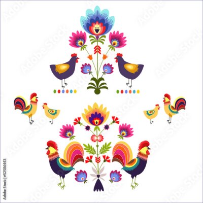 Poster  Polskie Wzory z Kurami i kogutami