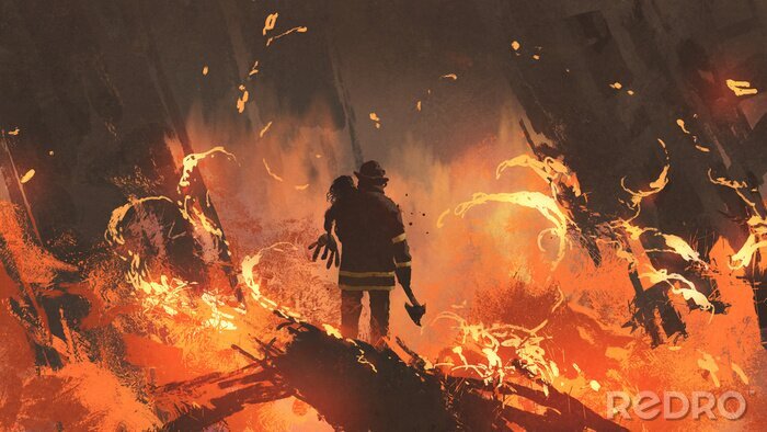 Poster  Pompier secourant une petite fille dans les flammes