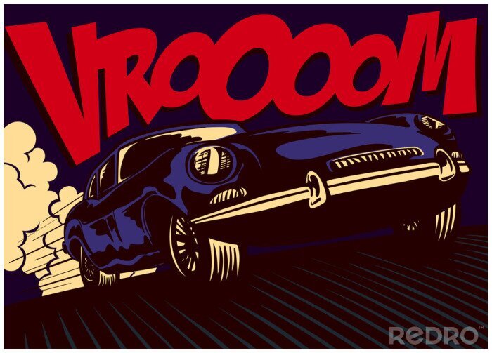 Poster  Pop art bande dessinée style voiture de sport rapide conduite à pleine vitesse avec vrooom onomatopée vector illustration affiche design